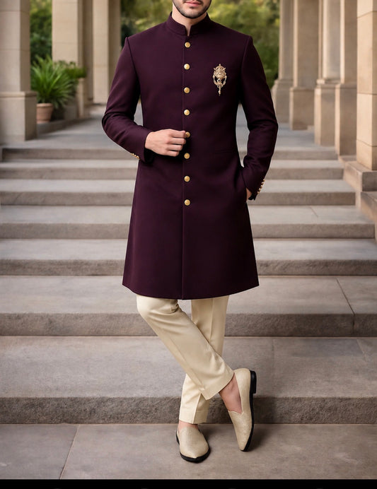 Premium Maroon Sherwani for Men | Wedding & Reception Ethnic Wear | Mandarin Collar | Gold Button Designer Sherwani | Ihtifal