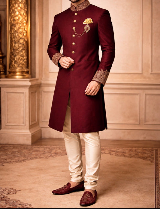 Royal Maroon Embroidered Sherwani for Men – Premium Wedding & Groom Wear with Gold Collar Detailing