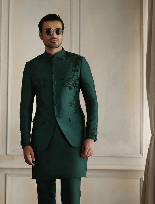 Emerald Green Embroidered Bandhgala