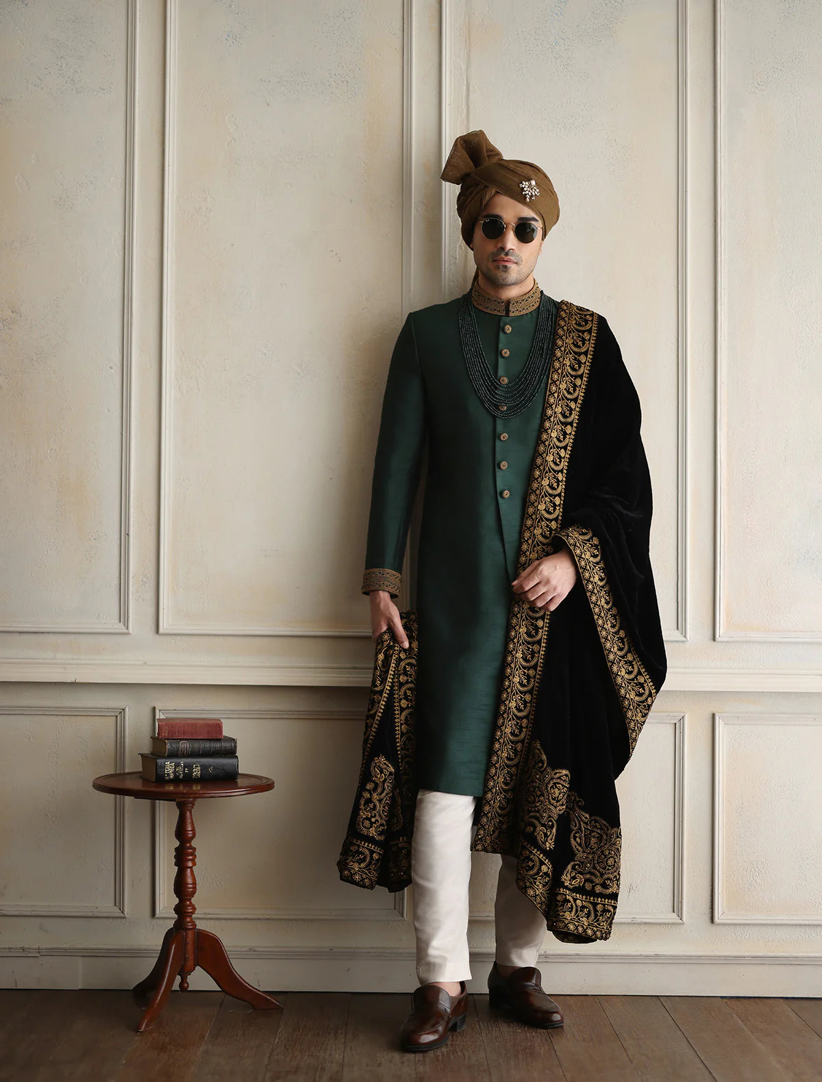 Emerald Green Raw Silk Sherwani with Collar Embroidered