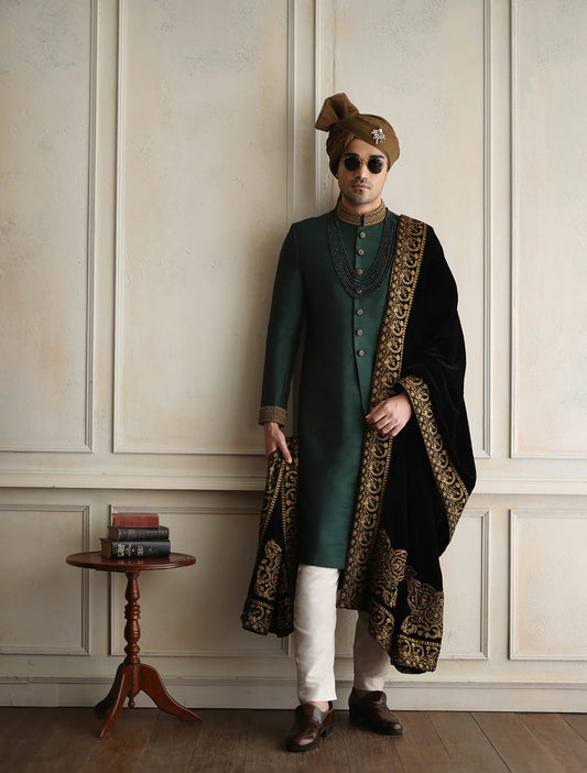 Emerald Green Raw Silk Sherwani with Collar Embroidered