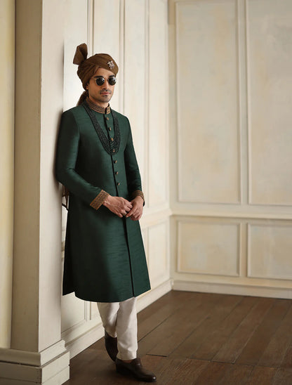 Emerald Green Raw Silk Sherwani with Collar Embroidered