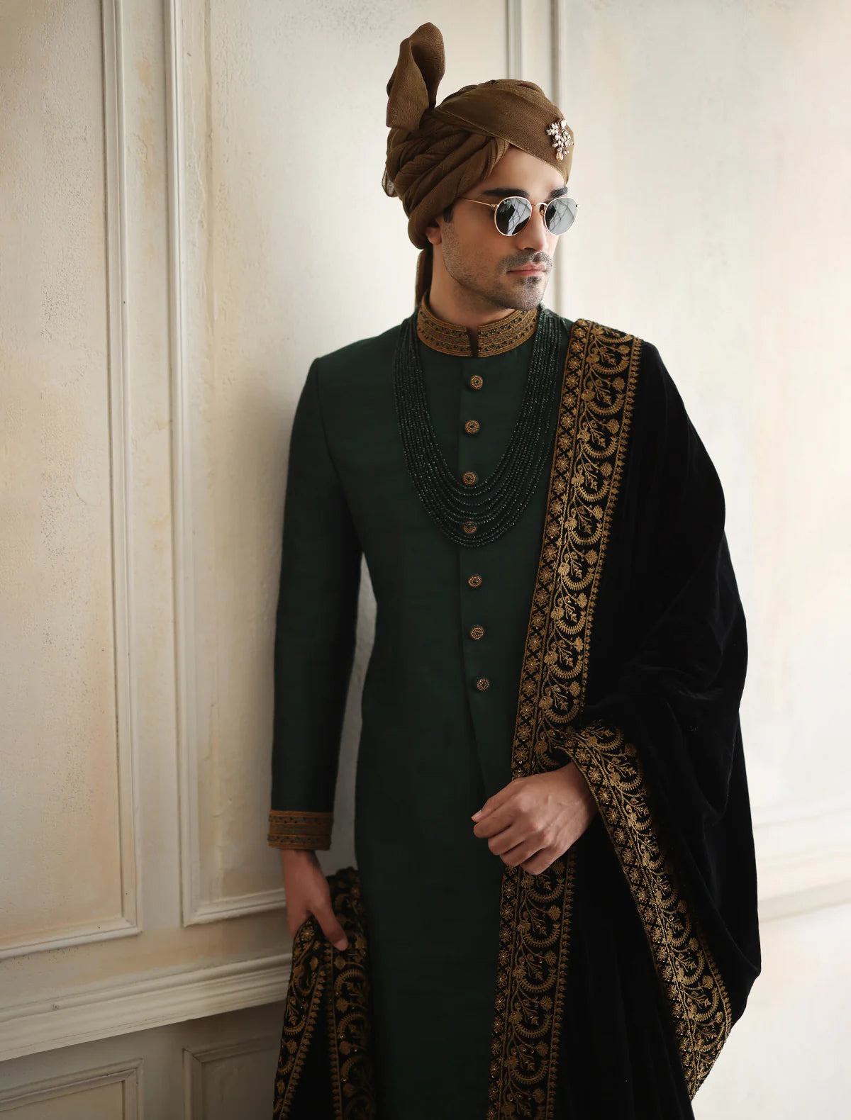 Emerald Green Raw Silk Sherwani with Collar Embroidered