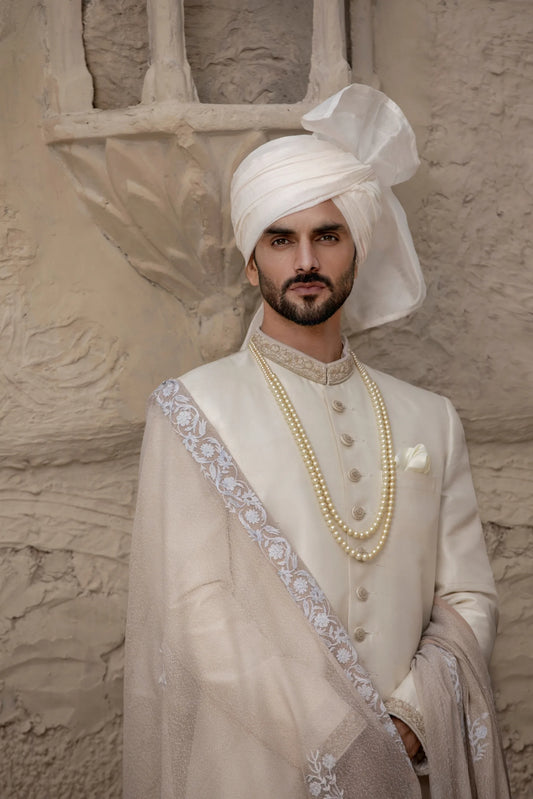 Off White Sherwani with Collar and Sleeve Embroidered