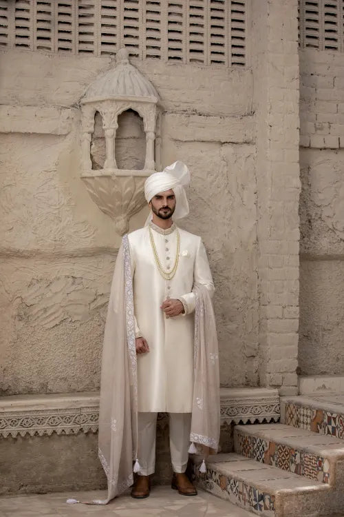 Off White Sherwani with Collar and Sleeve Embroidered