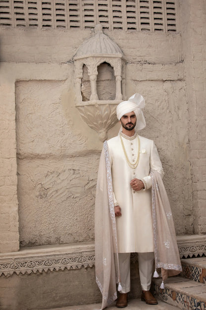 Off White Sherwani with Collar and Sleeve Embroidered