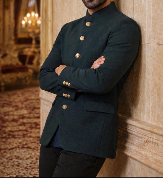 Royal Emerald Green Bandhgala for Men – Premium Plain Wedding & Reception Indo-Western Jacket