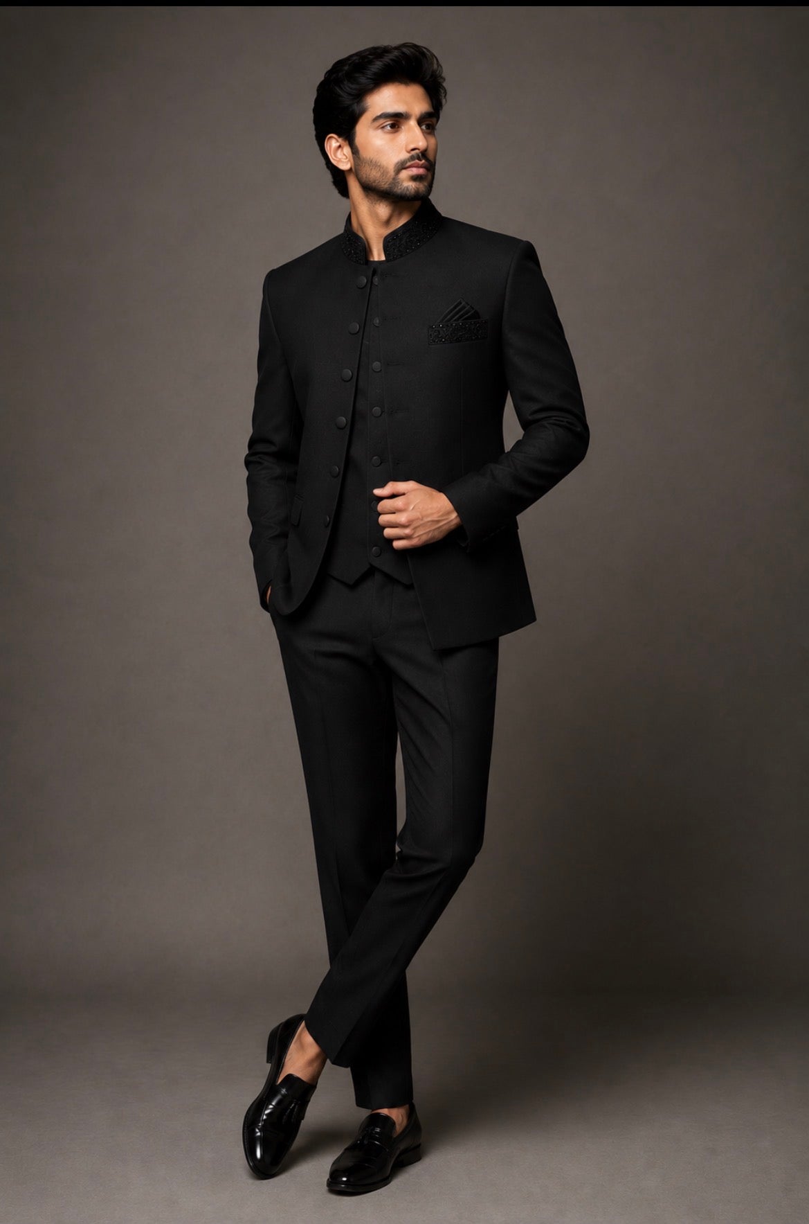 Men’s Jet Black 3-Piece Indo-Western Suit | Premium Bandhgala Jacket, Waistcoat & Trousers | Wedding & Reception Wear