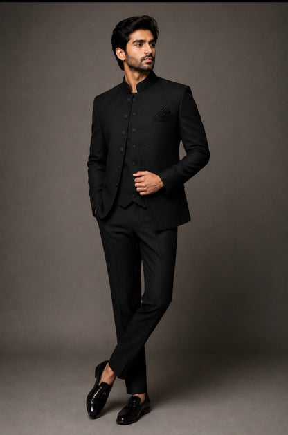 Men’s Jet Black 3-Piece Indo-Western Suit | Premium Bandhgala Jacket, Waistcoat & Trousers | Wedding & Reception Wear