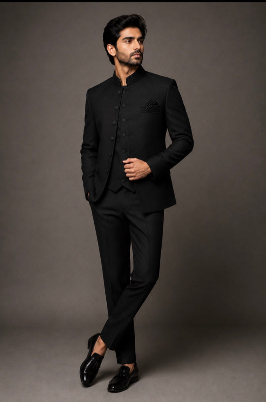 Men’s Jet Black 3-Piece Indo-Western Suit | Premium Bandhgala Jacket, Waistcoat & Trousers | Wedding & Reception Wear