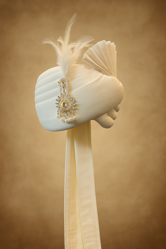 Royal Off-White Feathered Safa with Brooch – Groom Turban for Wedding