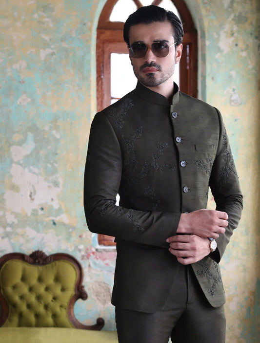 Olive Green Embroidered Bandhgala