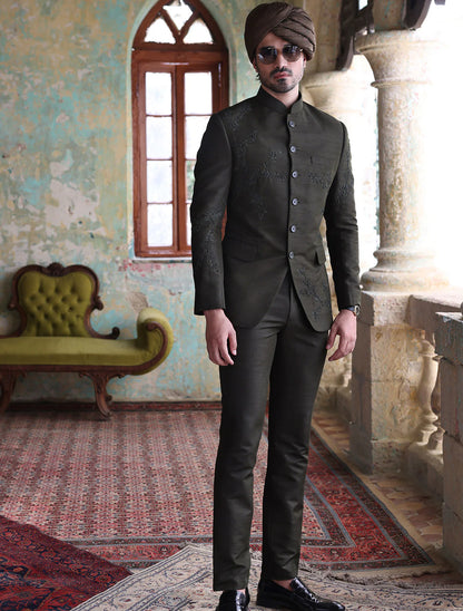 Olive Green Embroidered Bandhgala