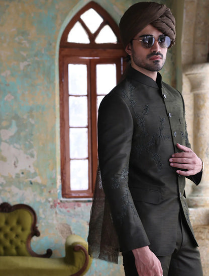 Olive Green Embroidered Bandhgala