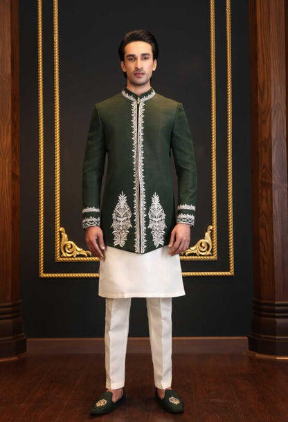 Green Raw Silk Bandhgala with Embroidery | Elegant Ethnic Jacket for Men
