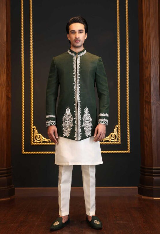 Green Raw Silk Bandhgala with Embroidery | Elegant Ethnic Jacket for Men