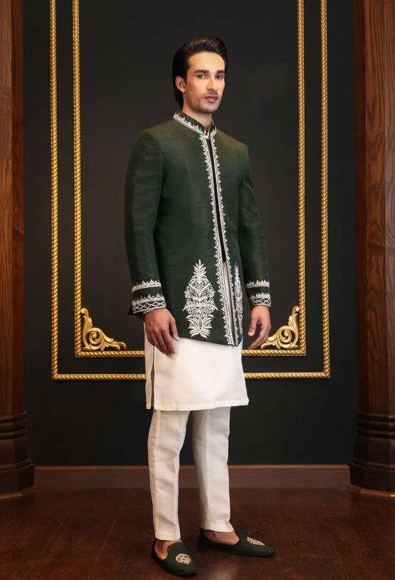 Green Raw Silk Bandhgala with Embroidery | Elegant Ethnic Jacket for Men