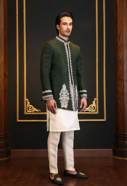 Green Raw Silk Bandhgala with Embroidery | Elegant Ethnic Jacket for Men