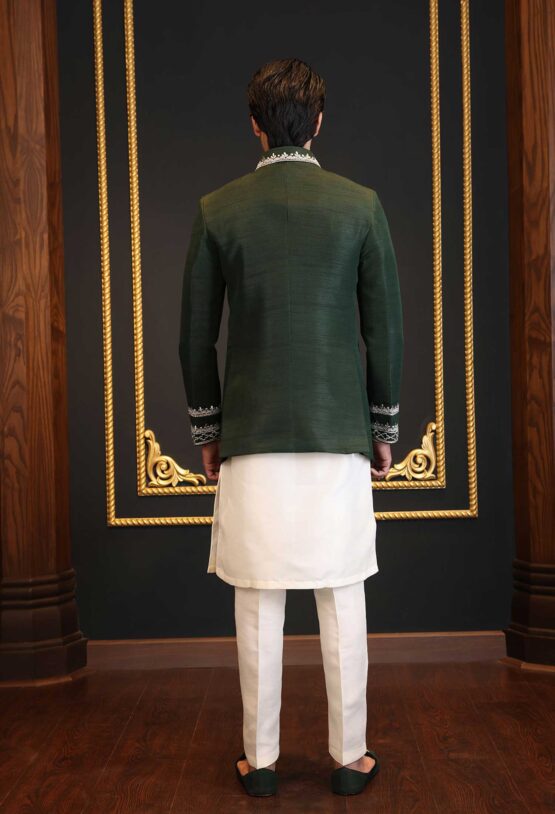 Green Raw Silk Bandhgala with Embroidery | Elegant Ethnic Jacket for Men