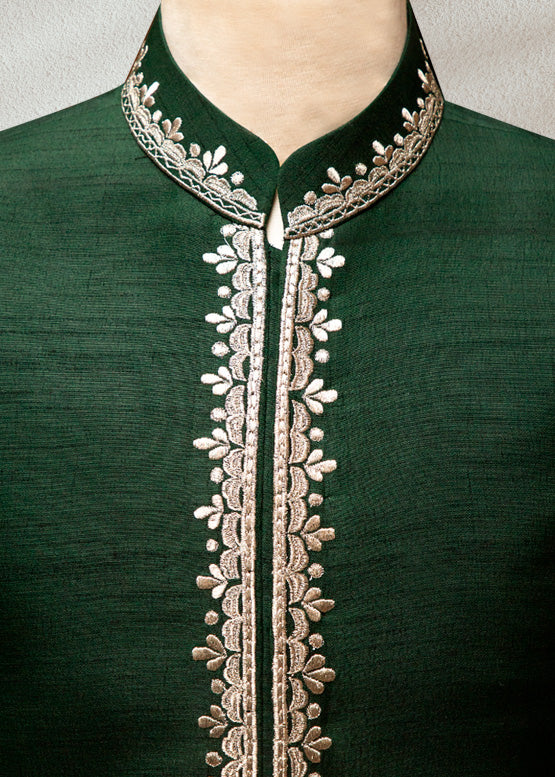 Green Raw Silk Bandhgala with Embroidery | Elegant Ethnic Jacket for Men