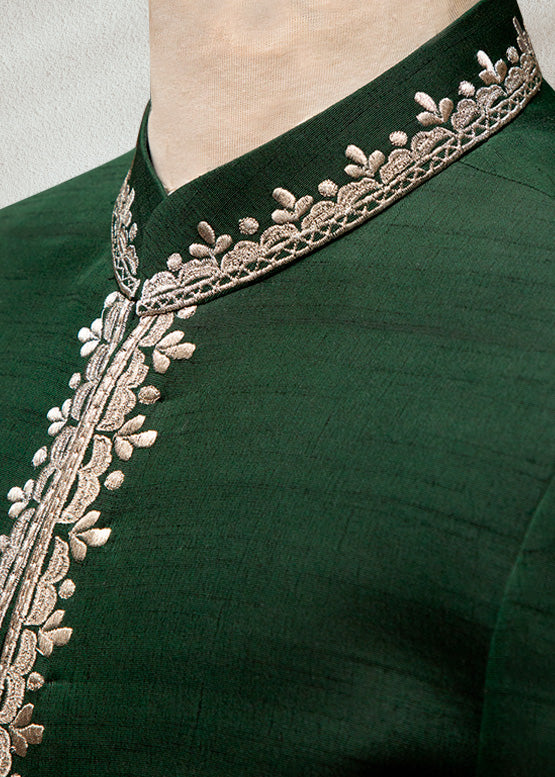 Green Raw Silk Bandhgala with Embroidery | Elegant Ethnic Jacket for Men