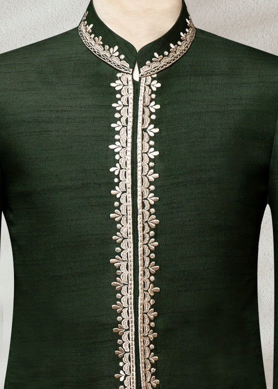 Green Raw Silk Bandhgala with Embroidery | Elegant Ethnic Jacket for Men