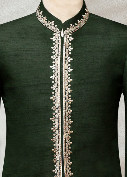 Green Raw Silk Bandhgala with Embroidery | Elegant Ethnic Jacket for Men