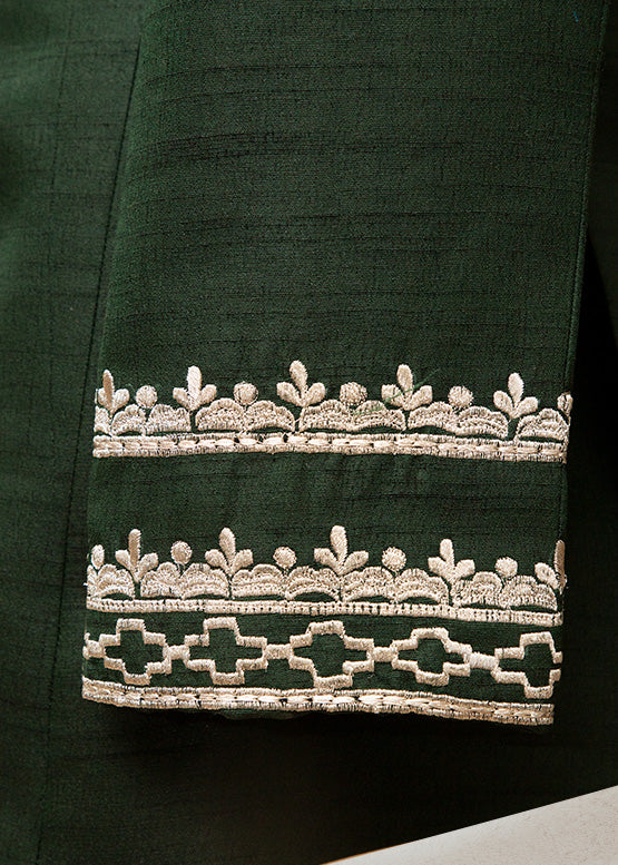 Green Raw Silk Bandhgala with Embroidery | Elegant Ethnic Jacket for Men