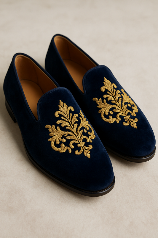 Navy Blue Velvet Loafers with Royal Hand Embroidery for Men – Ethnic Party Wear Juttis