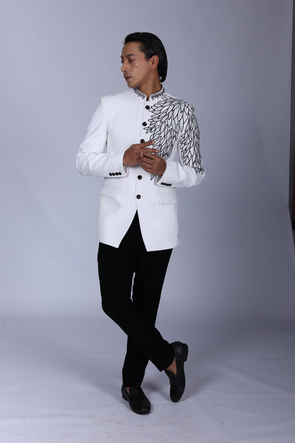Classic White Bandhgala with Sleeve and Collar Embroidered