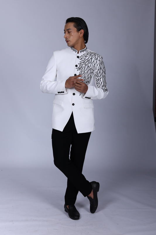 Classic White Bandhgala with Sleeve and Collar Embroidered