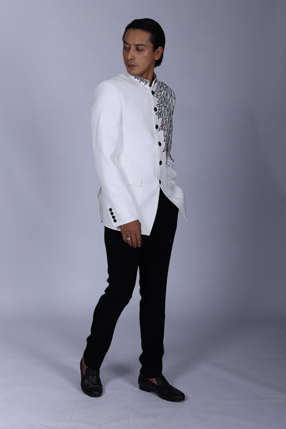 Classic White Bandhgala with Sleeve and Collar Embroidered