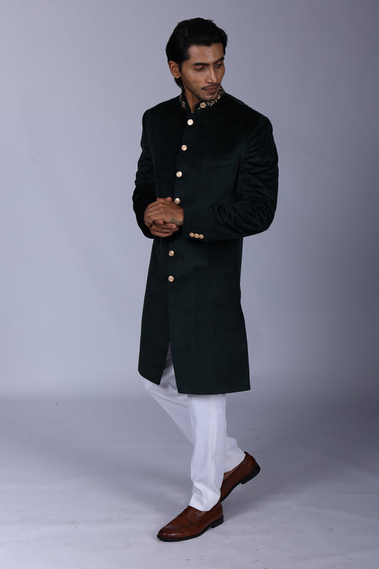 Classic Green Velvet Sherwani with Collar Embroidered
