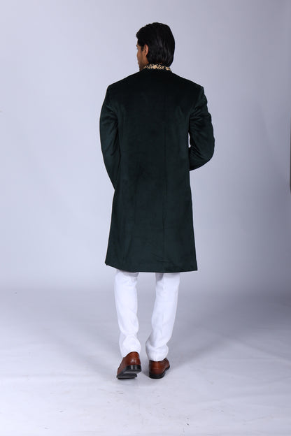 Classic Green Velvet Sherwani with Collar Embroidered