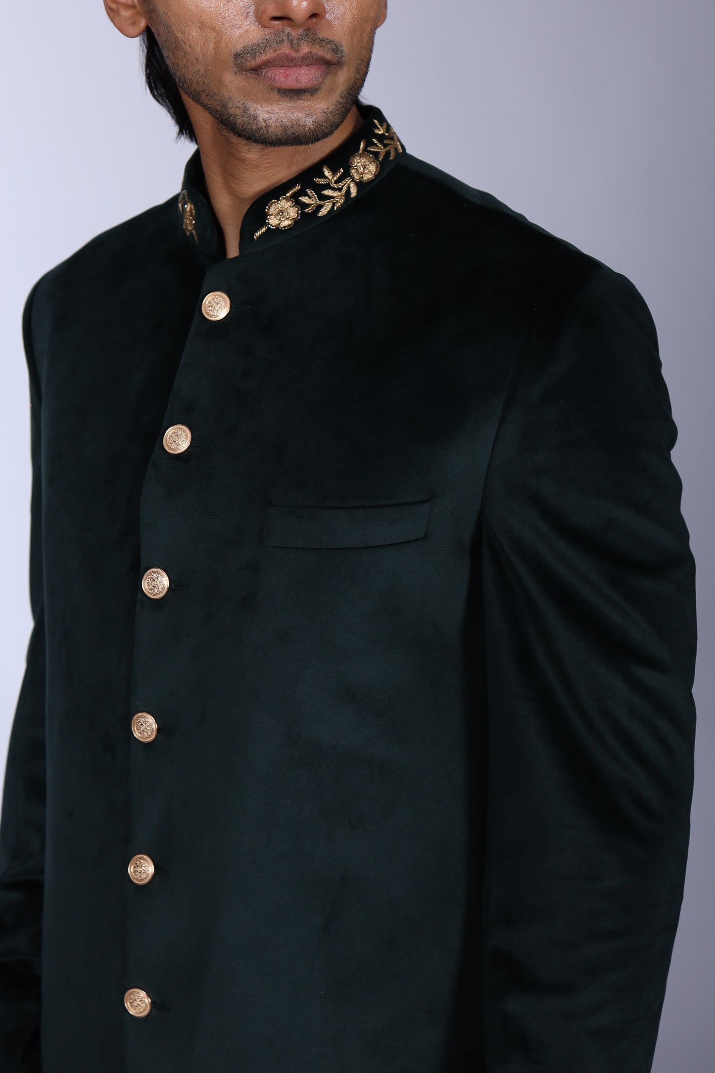 Classic Green Velvet Sherwani with Collar Embroidered