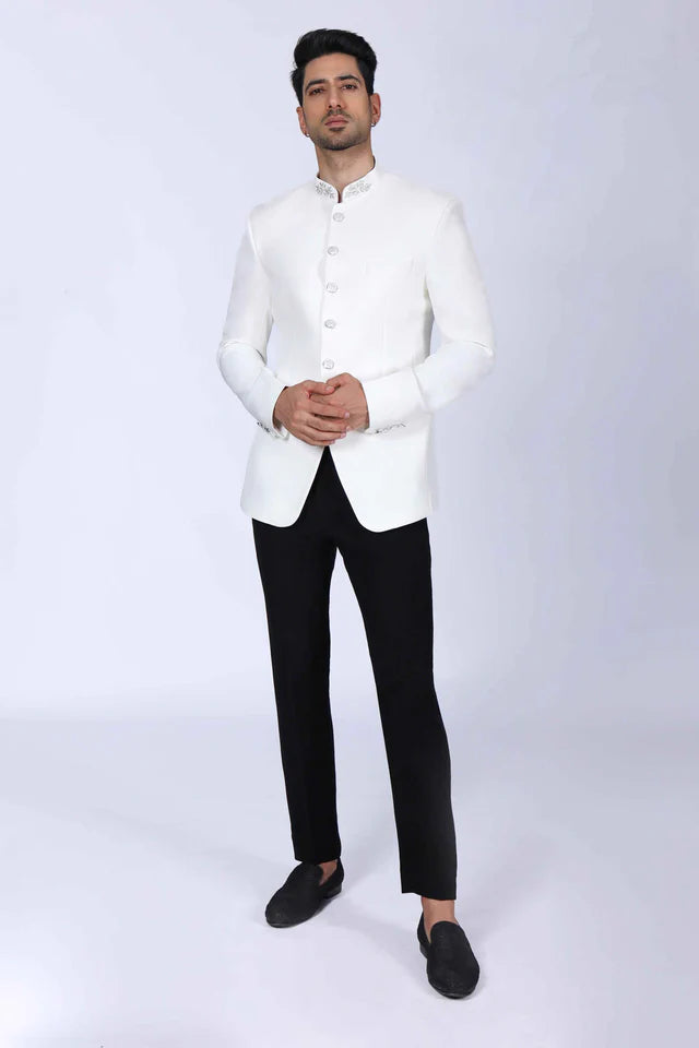 Classic Off White Bandhgala with Collar Embroidered