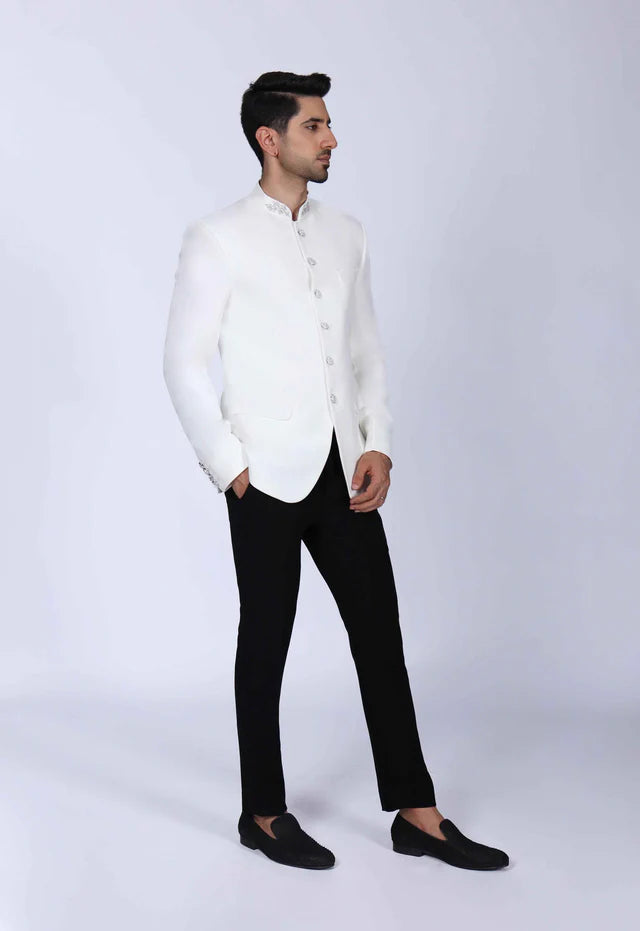 Classic Off White Bandhgala with Collar Embroidered