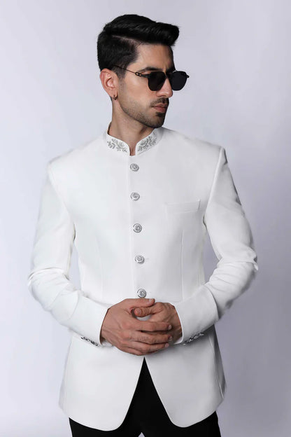 Classic Off White Bandhgala with Collar Embroidered
