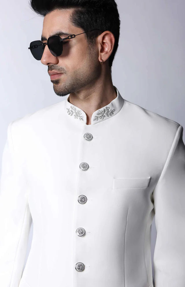 Classic Off White Bandhgala with Collar Embroidered