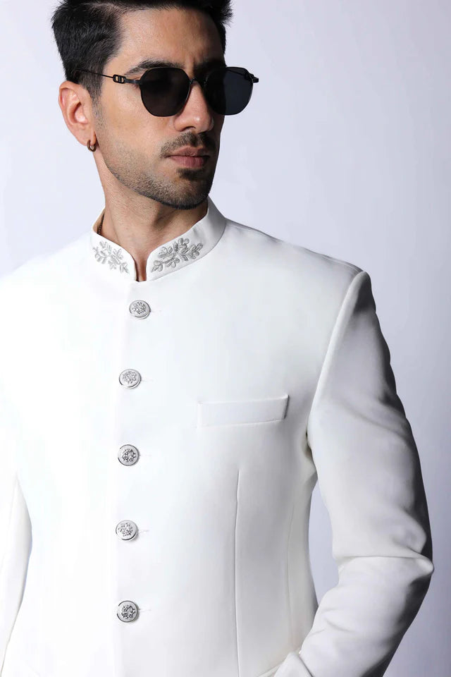 Classic Off White Bandhgala with Collar Embroidered