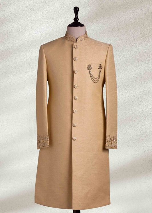 Jamawar Golden Sherwani with Collar and Sleeve Embroidered