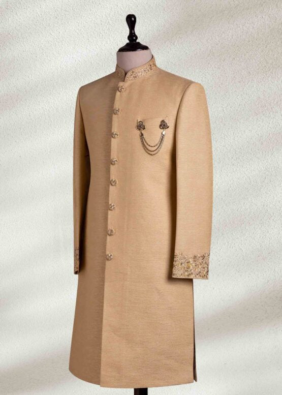 Jamawar Golden Sherwani with Collar and Sleeve Embroidered