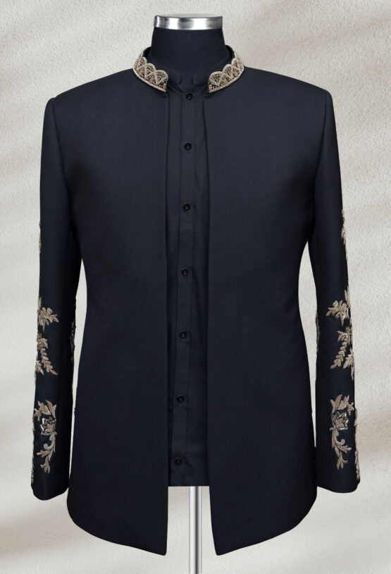 Jet Black Open Bandhgala with Hand Embroidery | Modern Ethnic Jacket for Men