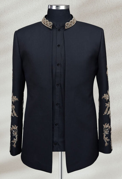 Jet Black Open Bandhgala with Hand Embroidery | Modern Ethnic Jacket for Men