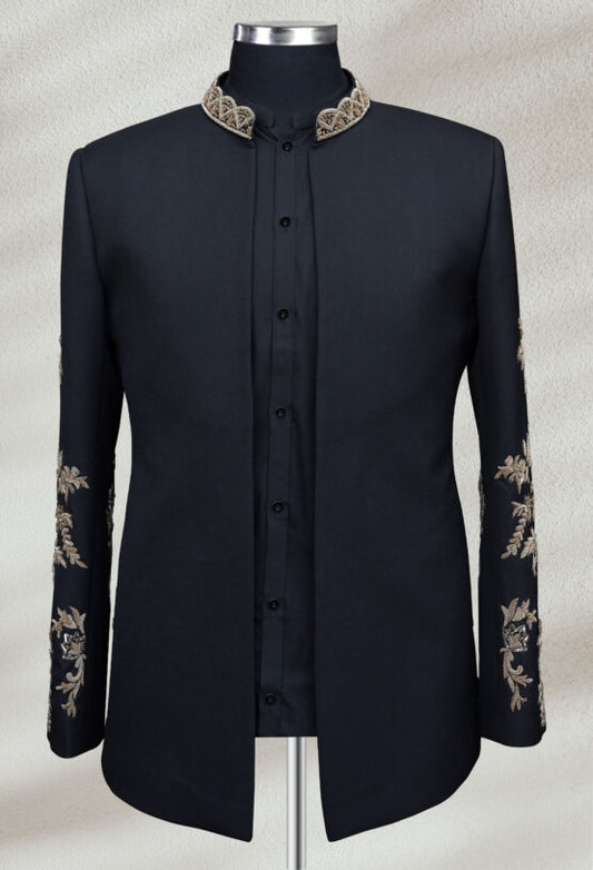 Jet Black Open Bandhgala with Hand Embroidery | Modern Ethnic Jacket for Men