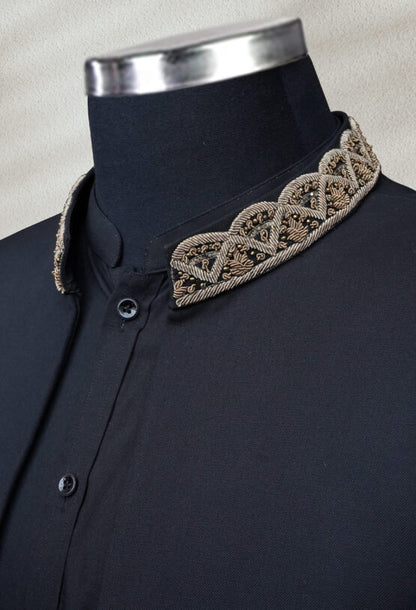 Jet Black Open Bandhgala with Hand Embroidery | Modern Ethnic Jacket for Men
