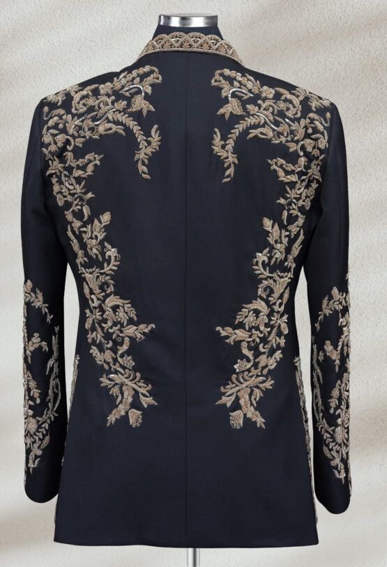 Jet Black Open Bandhgala with Hand Embroidery | Modern Ethnic Jacket for Men