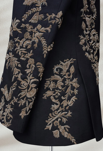 Jet Black Open Bandhgala with Hand Embroidery | Modern Ethnic Jacket for Men