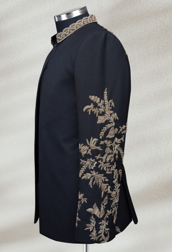 Jet Black Open Bandhgala with Hand Embroidery | Modern Ethnic Jacket for Men