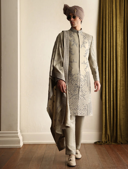 Light Olive Hand Embroidered Sherwani